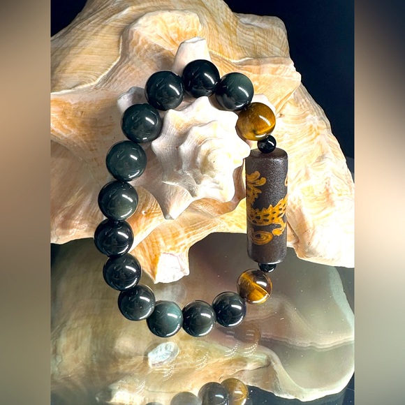 RAINBOW OBSIDIAN + TIGERS EYE + TIBETAN TUBE STONES  NATURAL BRACELET size 7.5” - Picture 2 of 11